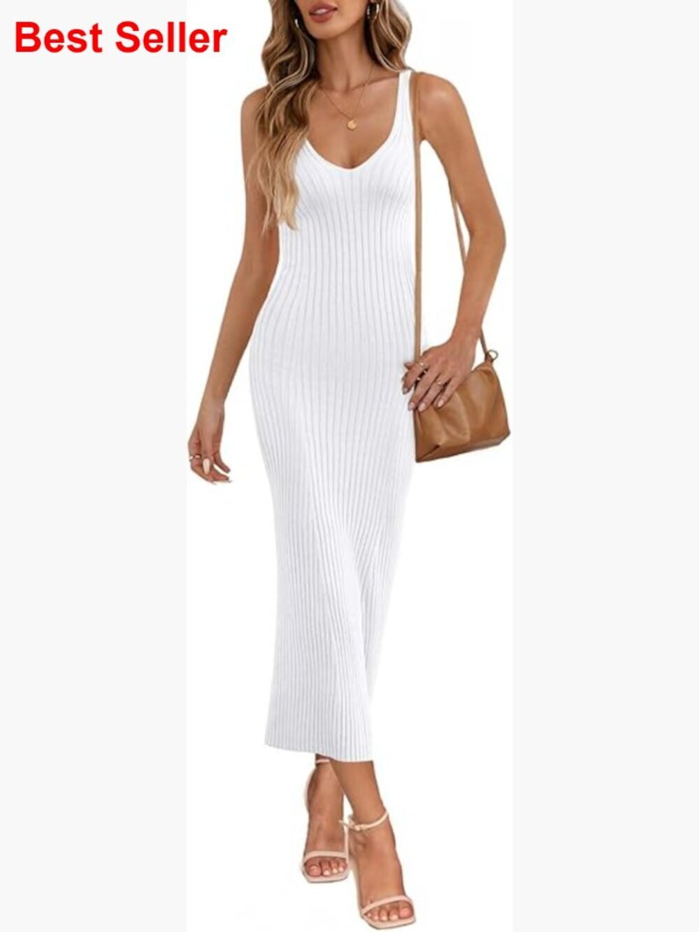 Womens V-Neck Sleeveless Ribbed Knit Bodycon Midi Dress Summer
